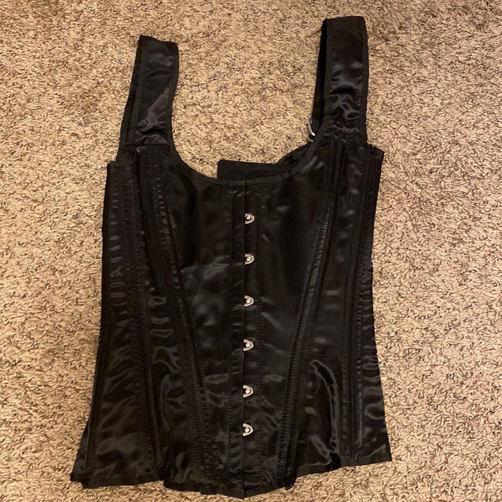Black satin overbust corset, without ties